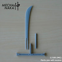 MechaNaka's Gunpla weapon - A miniature sword inspired by Dracule "Hawk Eyes" Mihawk's sword, Yoru, from One Piece. With this gigantic black blade, Mihawk holds the title of the "Strongest Swordsman in the World". Parts you will receive - MG.