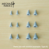 MechaNaka's Gunpla Detail Parts - An assorted pack of verniers / thrusters by style. Pack includes 6 pairs of different sizes in the style of your choice. Parts you will receive (example - Style A)